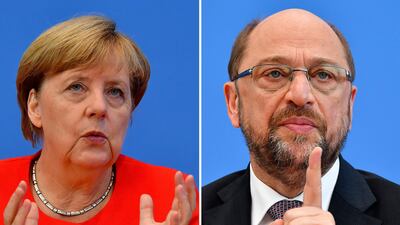 Angela Merkel, Germany's cool and collected chancellor, will go head-to-head Sunday, September 3, 2017, with her fiery challenger Martin Schulz of the Social Democratic Party (SPD )in their only television debate on Sunday, September 3, 2017 before the general elections later this month, in a crucial match that could sway millions of voters. Tobias Schwarz /AFP