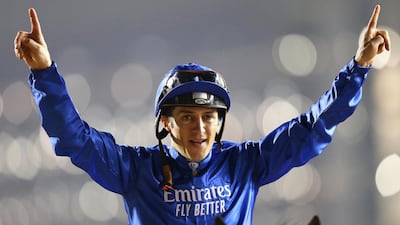Christophe Soumillon celebrates after winning the Dubai World Cup with Thunder Snow. EPA