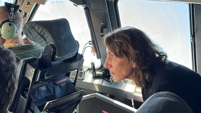 Deike Potzel, Germany’s Special Envoy for Middle East Humanitarian Issues, on board a German military plane that parachuted aid into northern Gaza on April 21, 2024. Photo: German Embassy, Amman
