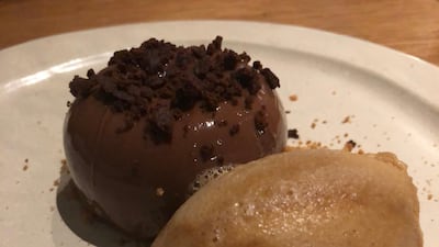 Caramlised artichoke ice cream with coffee and chocolate at Lowe's Waste Not supper. Sophie Prideaux / The National