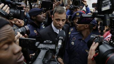 Paralympics sprinter and double-amputee Ooscar Pistorius leaving the High Curt in Pretoria, South Africa on June 14, 2016 as he awaits sentencing on July 6. Themba Hadebe / Associated Press