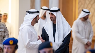 President Sheikh Mohamed and Sheikh Hamdan bin Mohammed attend the national session held on the fourth anniversary of the Day of Solidarity, January 17, at Qasr Al Watan
