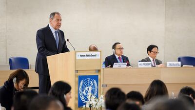 Russian Foreign Minister Sergei Lavrov addresses the UN Human Rights Council on February 28, 2018 in Geneva. Fabrice Coffrini / AFP