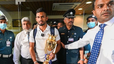 Sri Lanka's captain Dasun Shanaka arrives at the Katunayake airport following victory in the Asia Cup final against Pakistan in Dubai. AFP