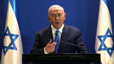 Israeli Prime Minister Benjamin Netanyahu delivering a statement live at the Prime Minister's office in Jerusalem on Monday. AFP