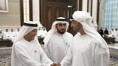 Sheikh Mohammed bin Zayed, Crown Prince of Abu Dhabi and Deputy Supreme Commander of the UAE Armed Forces (R) greets Jaber Naghmoush, local actor (L), during an iftar reception at Al Bateen Palace. Hamad Al Kaabi / Crown Prince Court - Abu Dhabi