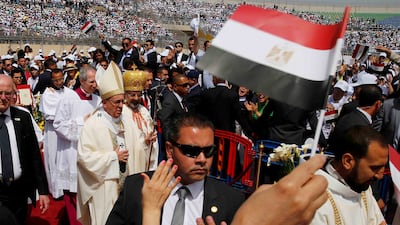 Pope Francis arrives at 30 June Stadium in Cairo to chair a mass during his visit to Egypt in April 2017. Getty Images