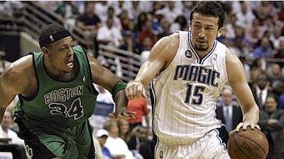 The Orlando Magic forward Hedo Turkoglu drives around the Boston Celtics forward Paul Pierce during the second half of the third match of the best-of-seven Eastern Conference semi-final series.