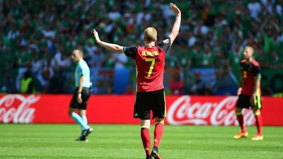 Belgium midfielder Kevin De Bruyne celebrates at the end of their Euro 2016 Group E win over Ireland on Saturday in Bordeaux. Emmanuel Dunand / AFP / June 18, 2016