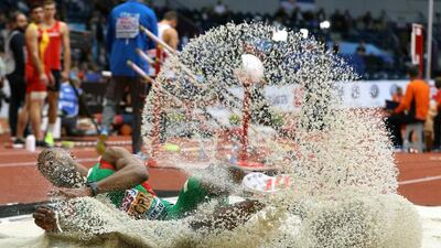 Portugal ‘s Nelson Evora in action during the Men’s Triple Jump final at the European Athletics Indoor Championships in Belgrade, Serbia. Srdjan Suki / EPA