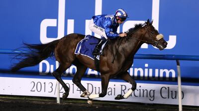 Dane O’Neill rode Haatheq to the Dubai Excellence Trophy title 1600m, his consecutive win for trainer Ali Al Raihe yesterday night at the Meydan racecourse in Dubai. Pawan Singh / The National