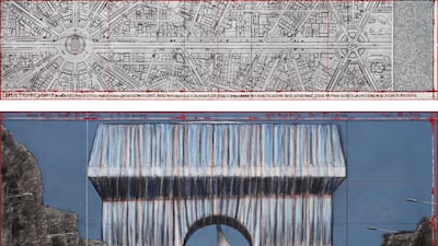 L'Arc de Triomphe, Wrapped (Project for Paris) Place de l'Etoile – Charles de Gaulle. Drawing 2019 in two parts. Pencil, charcoal, pastel, wax crayon, enamel paint, map, and fabric sample. Estate of Christo V. Javacheff