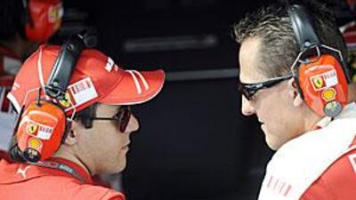 Michael Schumacher, right, advised Felipe Massa, left, last year but they will go head-to-head this season.