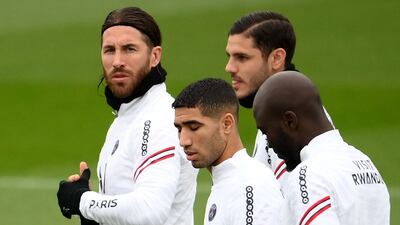 Sergio Ramos during a training session at the PSG's Camp des Loges training ground. AFP