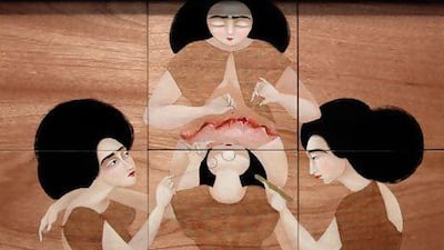 A detail of Hayv Kahraman's Corporeal Mapping 2011 Oil on Mobile Panels. Courtesy Maraya Art Centre