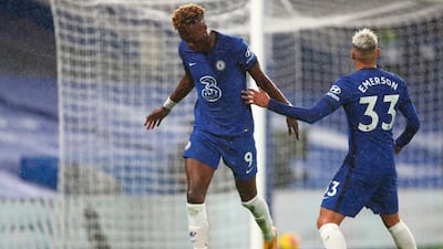 Tammy Abraham celebrates after scoring for Chelsea against West Ham. EPA