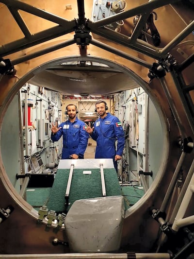 Hazza Al Mansouri and Sultan Al Neyadi train at the Russian Yuri Gagarin Cosmonaut Training Centre in preparation for a trip to the International Space Station in September 2021. Photo: Dubai Media Office