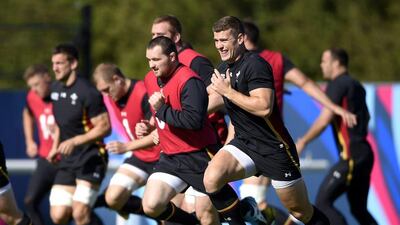 Wales centre Scott Williams rungs during a training session on Friday as the team prepare for Saturday's Rugby World Cup match against England. Franck Fife / AFP