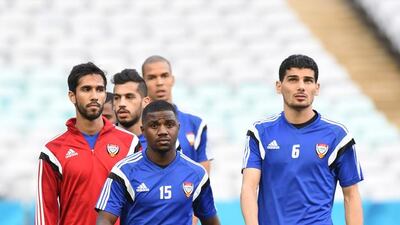 Ismail Al Hammadi, No 15, and Mohaned Salem, 6, shown during the UAE's training session on Thursday ahead of the Asian Cup quarter-finals. Photo Courtesy / UAE FA