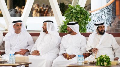 Sheikh Saif bin Zayed, Deputy Prime Minister and Minister of Interior, Sheikh Mohamed bin Butti Al Hamed, Sheikh Suroor bin Mohamed Al Nahyan and Sheikh Tahnoon bin Mohamed Al Nahyan, Ruler's Representative in Al Ain Region, attend a Sea Palace barza. Ryan Carter for the Ministry of Presidential Affairs