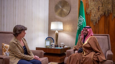 Saudi Crown Prince Mohammed bin Salman with French Foreign Minister Catherine Colonna in Riyadh. SPA
