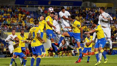 Real Madrid’s Raphael Varane heads the ball during the match. Borja Suarez / Reuters