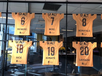 Bodø Glimt shirts on display. Courtesy Andy Mitten