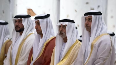 Right to left: HH Sheikh Omar bin Zayed, Deputy Chairman of the Board of Trustees of Zayed bin Sultan Al Nahyan Charitable and Humanitarian Foundation; Sheikh Nahyan bin Mubarak, UAE Minister of State for Tolerance; Sheikh Khaled bin Zayed, Chairman of the Board of Zayed Higher Organisation for Humanitarian Care and Special Needs; and Sheikh Abdullah bin Mohammed. Hamad Al Kaabi / Crown Prince Court - Abu Dhabi