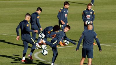 Brazil players, including Philippe Coutinho, take part in a training session in Porto Alegre. EPA