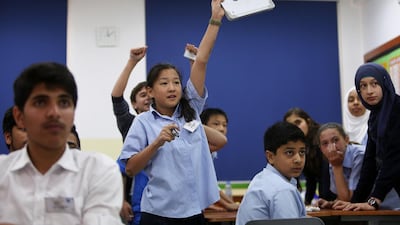 The Battle of the Brains competition in Al Ain included engineering challenges, mathematical problems and quiz questions about the UAE. Pawan Singh / The National