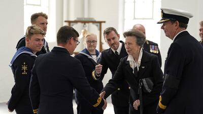 Princess Anne meets Royal Navy personnel at Portsmouth Naval Base who took part in Queen Elizabeth II's funeral procession. PA