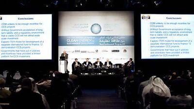 John Kessels, left, a senior advisor to the International Energy Agency Clean Coal Centre UK, speaks during the Dubai Global Energy Forum. Jaime Puebla / The National