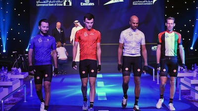 The jerseys for the 2016 Dubai Tour are unveiled during the launch of the 2016 Dubai Tour. Courtesy: Dubai Sports Council