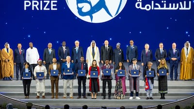 President Sheikh Mohamed is joined by senior government figures, visiting dignitaries and Zayed Sustainability Prize winners during Abu Dhabi Sustainability Week at Abu Dhabi National Exhibition Centre on January 14. Present are Sheikh Mansour bin Zayed, Vice President and Deputy Prime Minister; Sheikh Khaled bin Mohamed, Crown Prince of Abu Dhabi and Chairman of Abu Dhabi Executive Council; Christopher Luxon, Prime Minister of New Zealand; Anwar bin Ibrahim, Prime Minister of Malaysia; Yoweri Museveni, President of Uganda; Wavel Ramkalawan, President of Seychelles; William Ruto, President of Kenya; Kassym Jomart Tokayev, President of Kazakhstan; Ilham Aliyev, President of Azerbaijan; Bola Ahmed Tinubu, President of Nigeria; Paul Kagame, President of Rwanda; Shavkat Mirziyoyev, President of Uzbekistan and Petteri Orpo, Prime Minister of Finland. Abdulla Al Neyadi / UAE Presidential Court