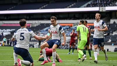 Pierre-Emile Hojbjerg of Tottenham celebrates after scoring against Wolverhampton Wanderers on Sunday, May 16. EPA