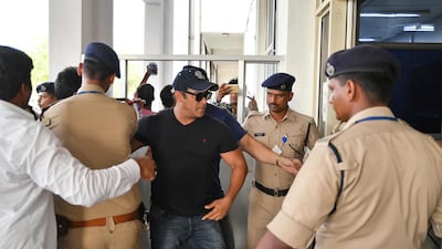 Bollywood star Salman Khan arrives at the airport in Jodhpur, Rajasthan after he was granted bail on April 7, 2018. The actor spent two nights in a prison in Jodhpur after being sentenced to five years for poaching. Sunil Verma / AP Photo