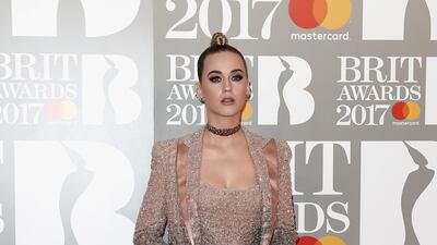 Katy Perry, in Versace, attends the Brit Awards at the O2 Arena on February 22, 2017 in London, England. Getty Images
