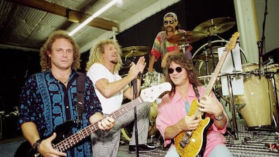 Van Halen is seen in Los Angeles, January 17, 1993. Members of Van Halen, from left, Michael Anthony, bass guitar; Sammy Hagar, lead singer; Alex Van Halen, drums; and Eddie Van Halen, lead guitar. AP Photo