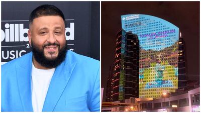 The album cover of 'Khaled Khaled' by DJ Khaled is projected on the InterContinental Dubai Festival City.