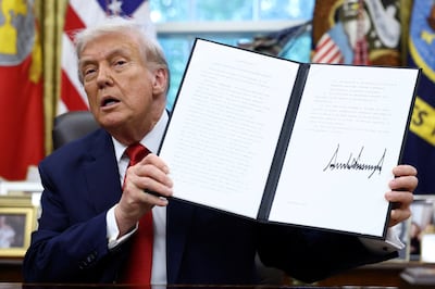 President Donald Trump shows a signed executive order. Reuters