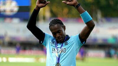 Jofra Archer celebrates winning the World Cup with England at Lord's in July 2019. PA
