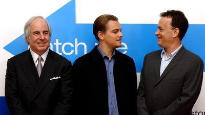 Frank Abagnale, Leonardo DiCaprio, in a relaxed jacket, and Tom Hanks attend a press conference for 'Catch Me If You Can' on January 27, 2003 in London, England. Getty Images