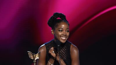 Thuso Mbedu accepts the award for Best Female Performance in a New Scripted Series for 'The Underground Railroad'. AP Photo