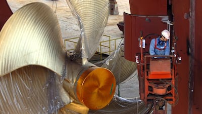 A ship under construction at Hyundai Heavy Industries' shipyard in Ulsan, South Korea. The conglomerate will be split into four separate entities, the company said. Seokyong Lee / The National