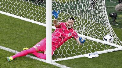 Croatia’s Danijel Subasic falls into the goal after Czech Republic’s Milan Skoda (not pictured) scores their first goal in their Euro 2016 Group D match in Saint-Etienne. Max Rossi / Reuters