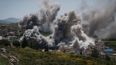 NABATIEH, LEBANON - APRIL 16: An airstrike is seen on April 16, 2026 in Nabatieh, Lebanon. Israel and Lebanon's ambassadors have held historic talks in Washington, the first direct diplomatic meeting between the two sides in decades. During the two-week ceasefire period between the US and Iran, Israel and the Iran-backed militant group, Hezbollah, have continued fighting. On April 8 Israel intensified strikes on what it says were Hezbollah targets, killing more than 350 people, according to health officials in Lebanon. (Photo by Adri Salido / Getty Images)