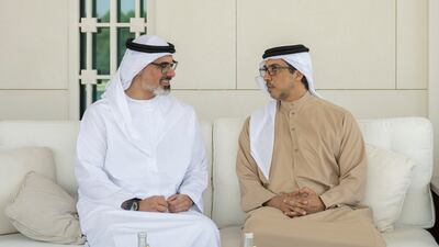 Sheikh Khaled bin Mohamed, Crown Prince of Abu Dhabi and Chairman of Abu Dhabi Executive Council, and Sheikh Mansour bin Zayed, Vice President, Deputy Prime Minister and Chairman of the Presidential Court, attend the meeting