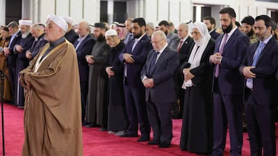 Syria's President Ahmed Al Shara at the Eid Al Fitr morning prayer at the People's Palace in Damascus on Monday. AFP