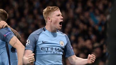 Kevin De Bruyne celebrates after scoring to give Manchester City a 2-1 lead. Oli Scarff / AFP