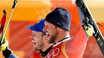Silver medal winner Kjetil Jansrud (L) of Norway and gold medal winner Aksel Lund Svindal of Norway pose during the venue ceremony of the Men's Downhill race at the Jeongseon Alpine Centre during the PyeongChang 2018 Olympic Games. Eon Heon-Kyun / EPA
